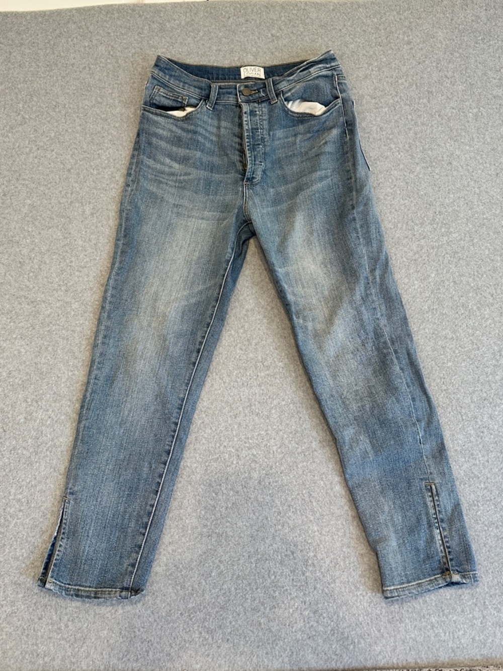 Oliver Logan Mom Jeans High Rise Blue Denim Split Hem